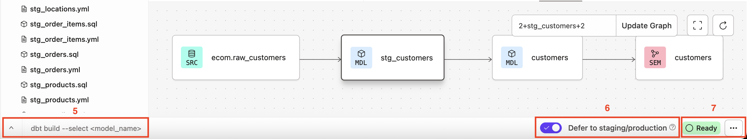 Use the Command bar to write dbt commands, toggle 'Defer', and view the current IDE status