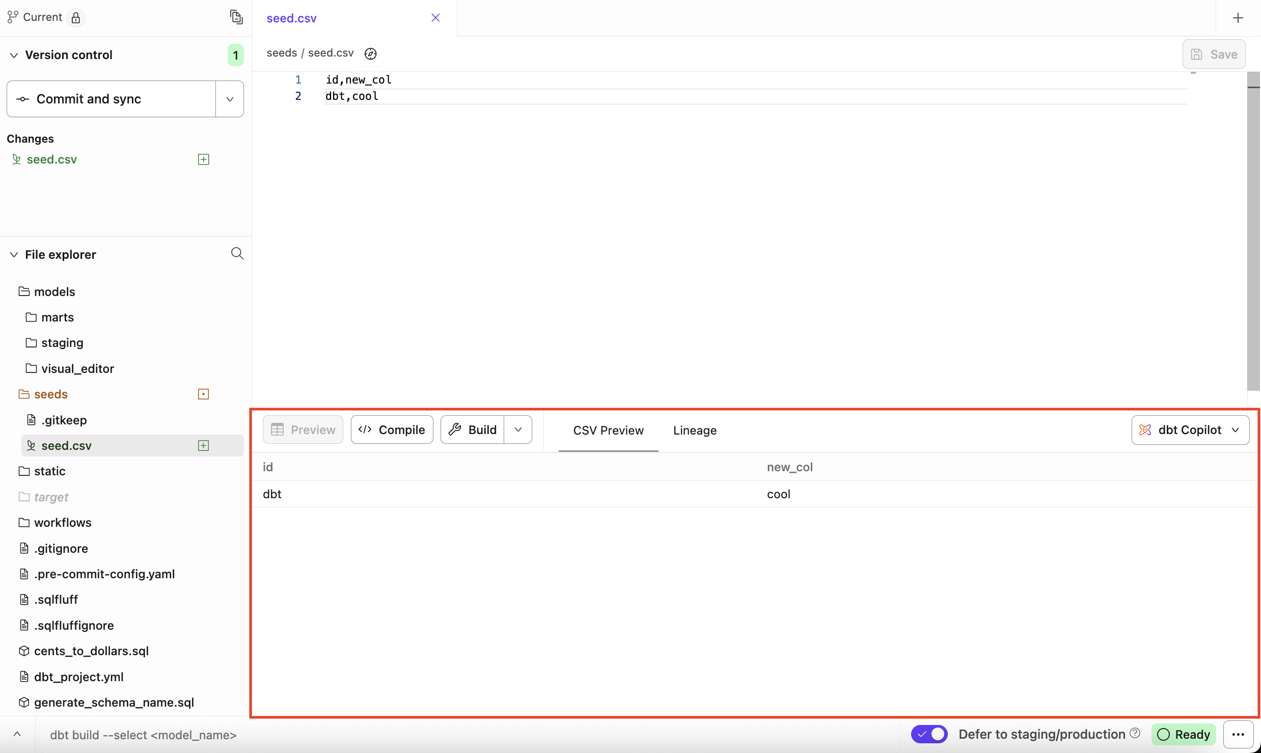 View CSV code in the CSV Preview console tab below the Editor tab.