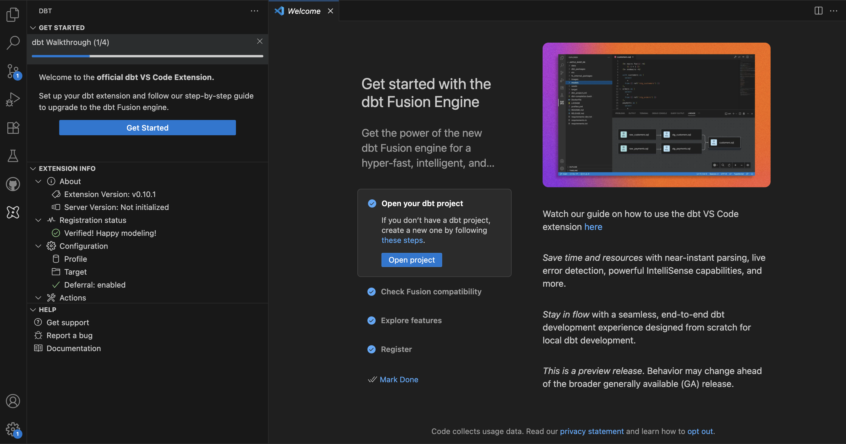 dbt VS Code extension welcome screen.